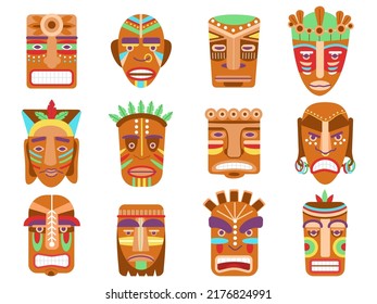 African tiki mask. Ethnic masks, totem hawaii or maya tribes. Wooden warrior gods faces, ornamental tribal aztec idols. Scary decorations decent vector set