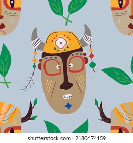 African Totem Mask Vector Naive Seamless Pattern