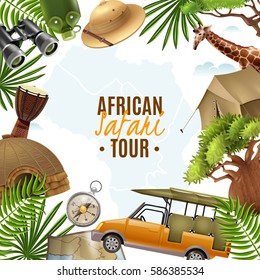 African tour background in realistic style with decorative frame consisting from safari travel accessories vector illustration 