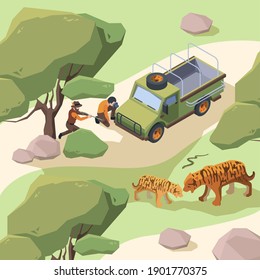 African tourists at road. Wild safari desert adventure concept vector flyer or background garish template