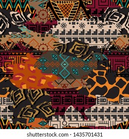 African traditional cloth and wild animal skins vector illustration. Bright print from pieces of different textures.