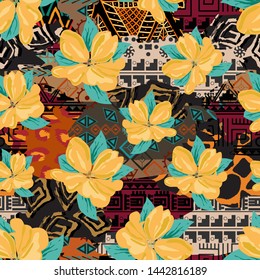African traditional cloth and wild animal skins vector illustration. Bright print from pieces of different textures. Floral print, large yellow flowers.