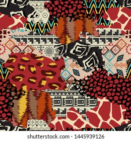 African traditional cloth and wild animal skins vector illustration. Bright print from pieces of different textures.