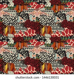 African traditional cloth and wild animal skins vector illustration. Bright print from pieces of different textures.
