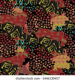 African traditional cloth and wild animal skins vector illustration. Bright print from pieces of different textures.