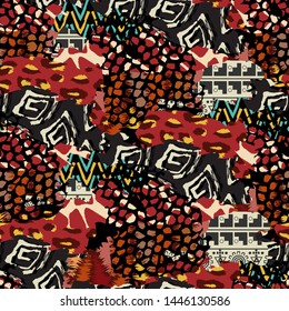 
African traditional cloth and wild animal skins vector illustration. Bright print from pieces of different textures.