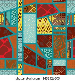 African traditional cloth and wild animal skins vector illustration. Bright print from pieces of different textures.