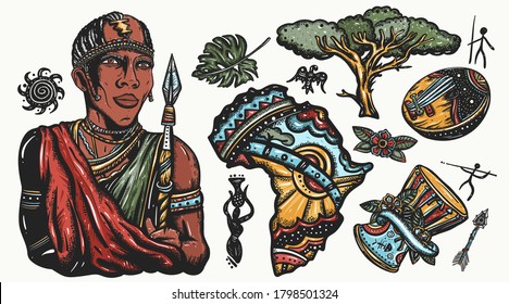 African traditional, maasai warrior, kalimba, map, drum. Africa graphic elements. Tattoo vector collection. Tradition, people and culture. Ethnic afro black tribe man 
