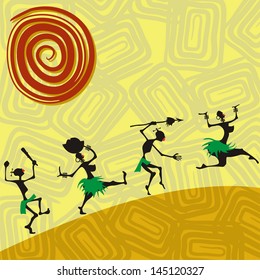 African traditional picture with silhouettes of people. Vector illustration
