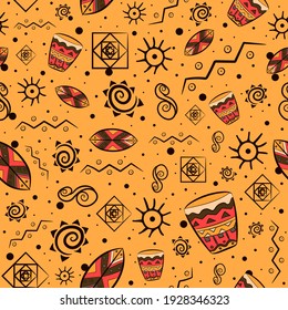 African traditional seamless pattern with national mayan and aztec motifs. Repetitive background with bohemian elements and earth tones. 