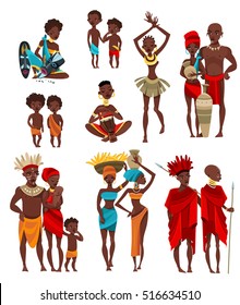 African traditional tribal clothing and ceremonial ritual costumes for adults and children flat icons collection isolated vector illustration 