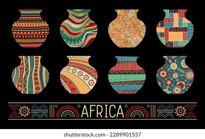 African traditional vases. Ceramic ware with bright pattern from geometric shapes. Collection of colorful jars of tribal African culture. Cartoon flat vector illustrations isolated on black background