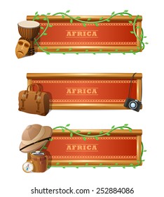 African travel horizontal banner set with expedition and adventure elements isolated vector illustration