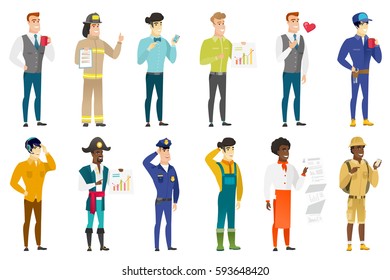African traveler holding mobile phone and pointing at it. Full length of traveler with mobile phone. Traveler using mobile phone. Set of vector flat design illustrations isolated on white background.