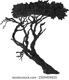 African tree black silhouette in linocut style vector element