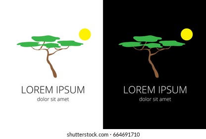 African tree and sun on white and black background for company logo