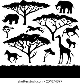 African trees and animals, set of black silhouettes