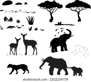 Árboles y animales africanos, conjunto de siluetas negras. Silhouettes de elefantes, antílopes y árboles en sabana. Animales de África. Paisaje africano.  