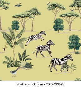 African trees, banana trees, plants, birds, zebra animal seamless pattern yellow background. Exotic safari wallpaper.