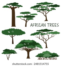 African trees. Colored silhouette of African trees. Vector illustration. EPS 10.