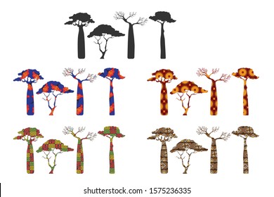 African trees silhouettes - baobab and acacia. Isolated, black on white and colored (filled with a pattern).