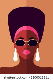 Imagen plana vectorial del retrato de moda femenina de moda africana retrato de moda de carteles minimalistas de camiseta con camiseta. Vogue afro cabeza femenina en gafas de sol color de belleza silueta de verano con aretes en beige