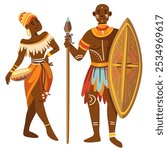 African tribal cartoon man and woman. Funny couple in traditional native costumes of tribe, girl holding bowl, warrior with spear and shield. Cartoon cute ancient African people vector illustration