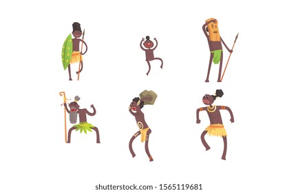 African Tribal Characters Vector Set. Man Wearing Mask and Dancing Voodoo Dance