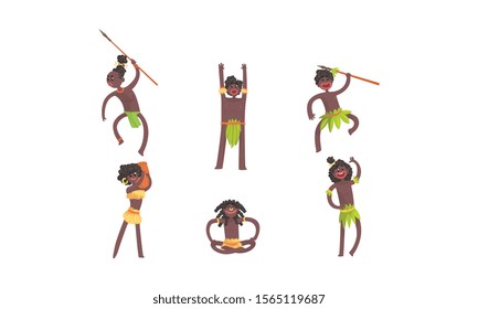 African Tribal Characters Vector Set. Man Beating The Drum And Dancing Voodoo Dance