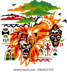 African tribal concept: lion, savanna landscape, ethnic mask and ornament, sun and birds. Cutout illustration in vibrant colors