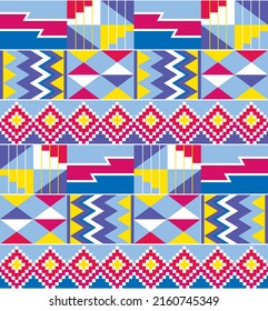 African tribal design Kente cloth nwentoma textile style vector seamless design in blue, pink and purple, geometric pattern inspired by Ghana traditional clothing. Abstract repetitive design