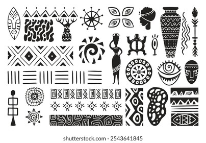 African tribal doodle elements. Hand drawn ethnic ornaments, people and animal silhouettes. Circle borders, mystic safety symbols, neoteric vector set