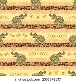 African Tribal Elephant Pattern mit Sonnenmotiv und geometrischen Streifen in warmen Erdtönen Design für Textilien, Drucke, Handyhülle, Grußkarte, Hintergrund, bedruckte Stoffe