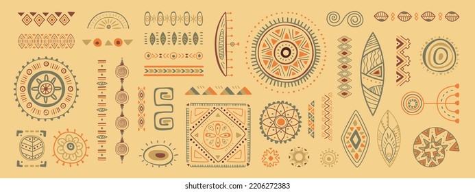 Afrikanische Stammeselemente Maya-Stil Doodles Tattoo, handgezeichnet Kreis aztec Symbole. Grenzmotive, traditionelle, klassische VolkskVektorgrafik