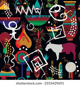 African tribal ethnic hand drawn colorful seamless pattern with african symbols, animals, doodle lines, zigzag, abstract shapes. Trendy ornaments. Modern vector background. Endless bright texture.