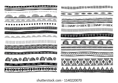 African, tribal, ethnic vector pattern brushes. Vector design elements, tribal geometric ornament, frames, borders. All used brushes included in brushes window