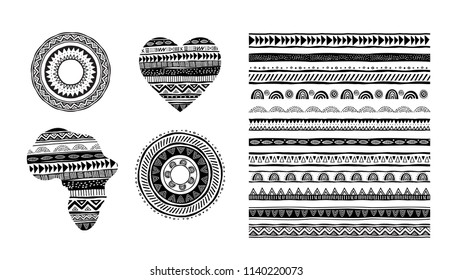 African, tribal, ethnic vector pattern brushes. Vector design elements, tribal geometric ornament, frames, borders. All used brushes included in brushes window