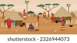 African tribal ethnic village with group of huts and people in traditional costumes. African tribe traditional settlement, flat cartoon vector illustration