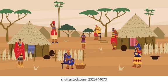 African tribal ethnic village with group of huts and people in traditional costumes. African tribe traditional settlement, flat cartoon vector illustration svg