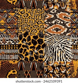 African tribal fabric and wild animal skins patchwork abstract vector seamless pattern for fabric shirt wallpaper card cloth tablecloth pillow