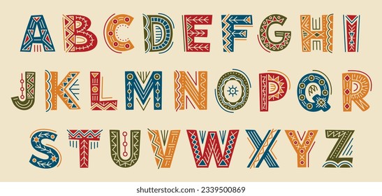 African tribal font set. Decorative alphabet with exotic ethnic pattern. Folk lettering design for textiles and posters, brochure banners. Cartoon flat vector collection isolated on white background svg