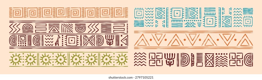African tribal frame patterns, mexican geometric doodle borders with ethnic motifs, abstract sun print, vector hand drawn aztec ornamental lines. Seamless folk design for textile, afro background