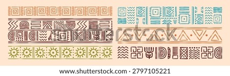 African tribal frame patterns, mexican geometric doodle borders with ethnic motifs, abstract sun print, vector hand drawn aztec ornamental lines. Seamless folk design for textile, afro background
