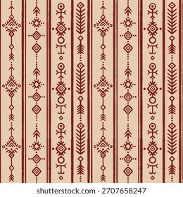 “Patrón geométrico tribal africano sin fisuras con líneas dibujadas a mano y símbolos étnicos, diseñado en un estilo boho moderno.