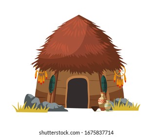 African tribal hut house isolated on white. Traditional aboriginal design and decoration. Ancient ethnic culture building with roof made from straw. Primitive ecologically clean dwelling illustration