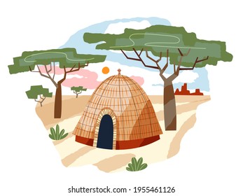 African tribal hut in nature. Traditional ethnic house vector illustration. Family building in village surrounded by trees, sand, sky, sun background. Living in Africa scene.