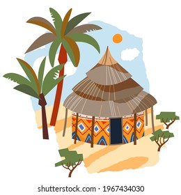 African tribal hut in nature. Traditional ethnic house vector illustration. Family building in village surrounded by trees, sand, sky, sun background. Living in Africa scene.