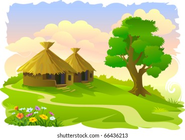 African tribal huts and tree