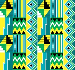 African Tribal Kente Cloth Style Vector Seamless Textile Pattern, Traditional Geometric Nwentoma Design From Ghana. Retro Kente Mud Cloth Style Native To The Akan, Ashanti Ethnic Groups In Africa