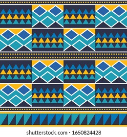 African tribal Kente mud cloth style vector seamless textile pattern, traditional geometric nwentoma design from Ghana in blue and yellow. Repetitive motif with abstract shapes, Kente design 